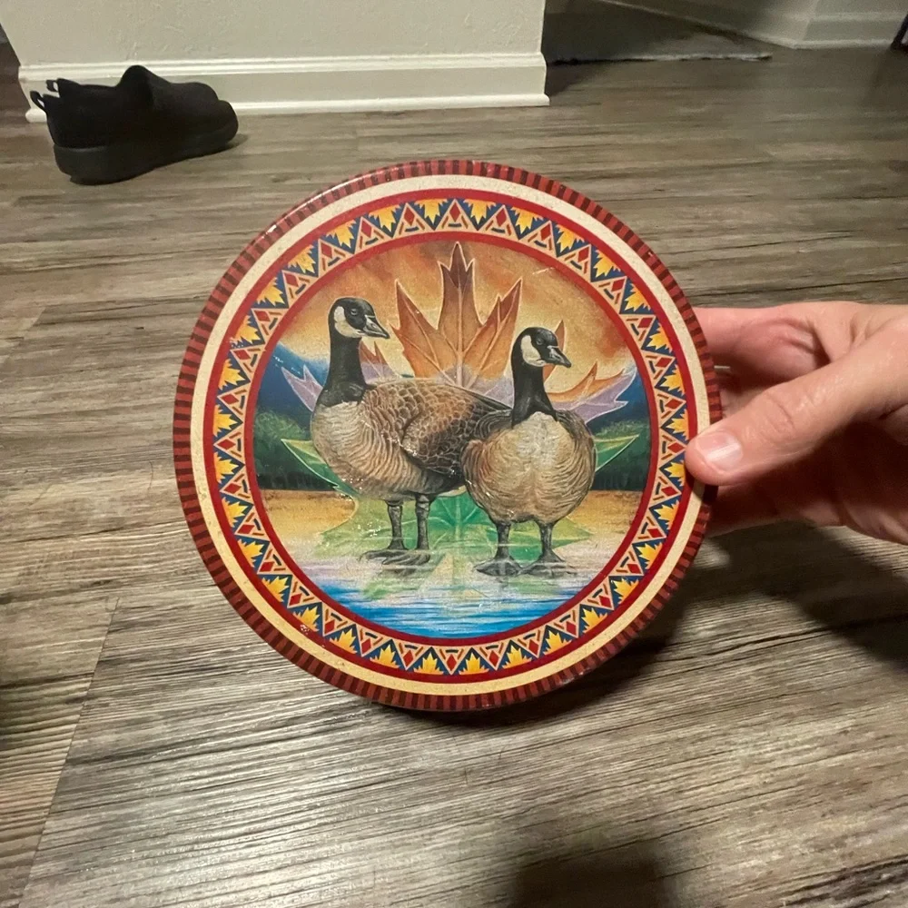 Decorative Round Vintage Metal Tin with Geese